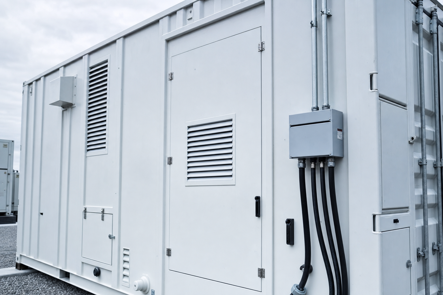 Side view of a utility-scale battery storage container